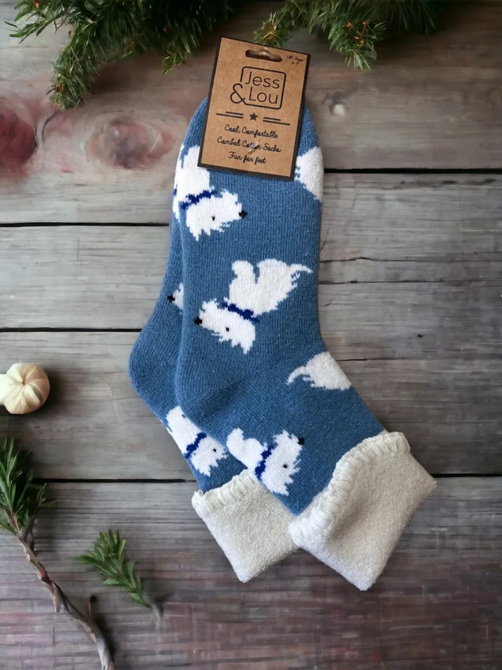 Jess & Lou - Westie Dog Cosy Cuff Socks - Cornflower Blue