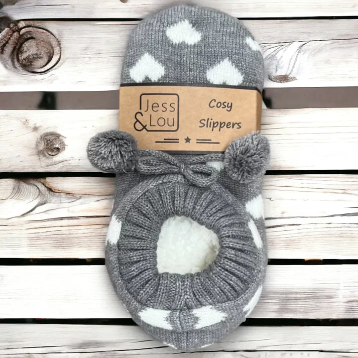 Jess & Lou - Grey With White Hearts Super Cosy Slipper Socks