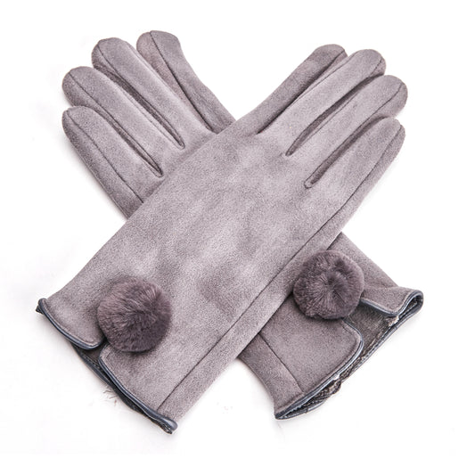 Grey Faux Fur Pompom Detail Gloves