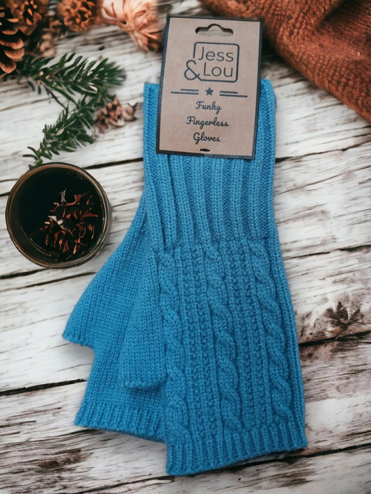 Jess & Lou - Cornflower Blue Cosy Cable Knit Fingerless Gloves & Wrist Warmers