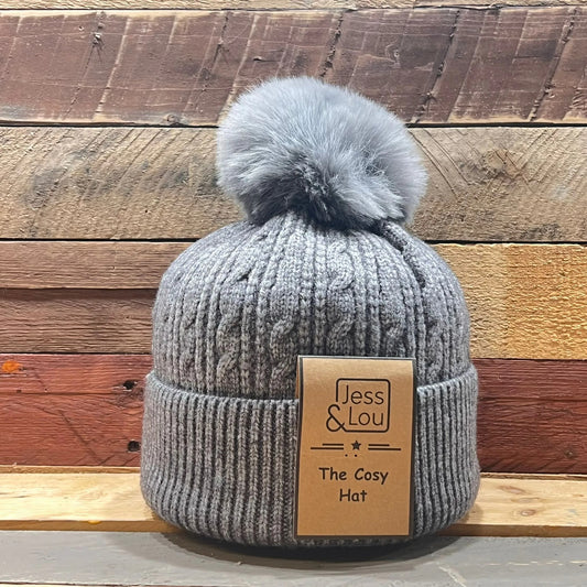 Jess & Lou - Charcoal Grey Cable Knit Bobble Hat