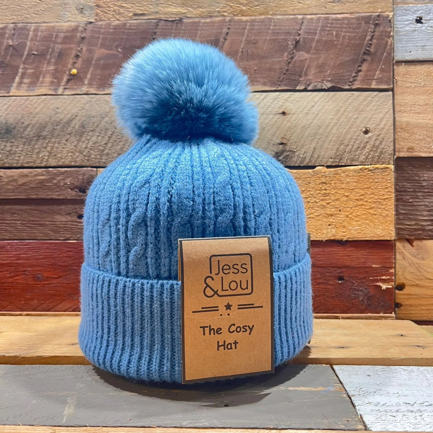 Jess & Lou - Cornflower Blue Cable Knit Bobble Hat