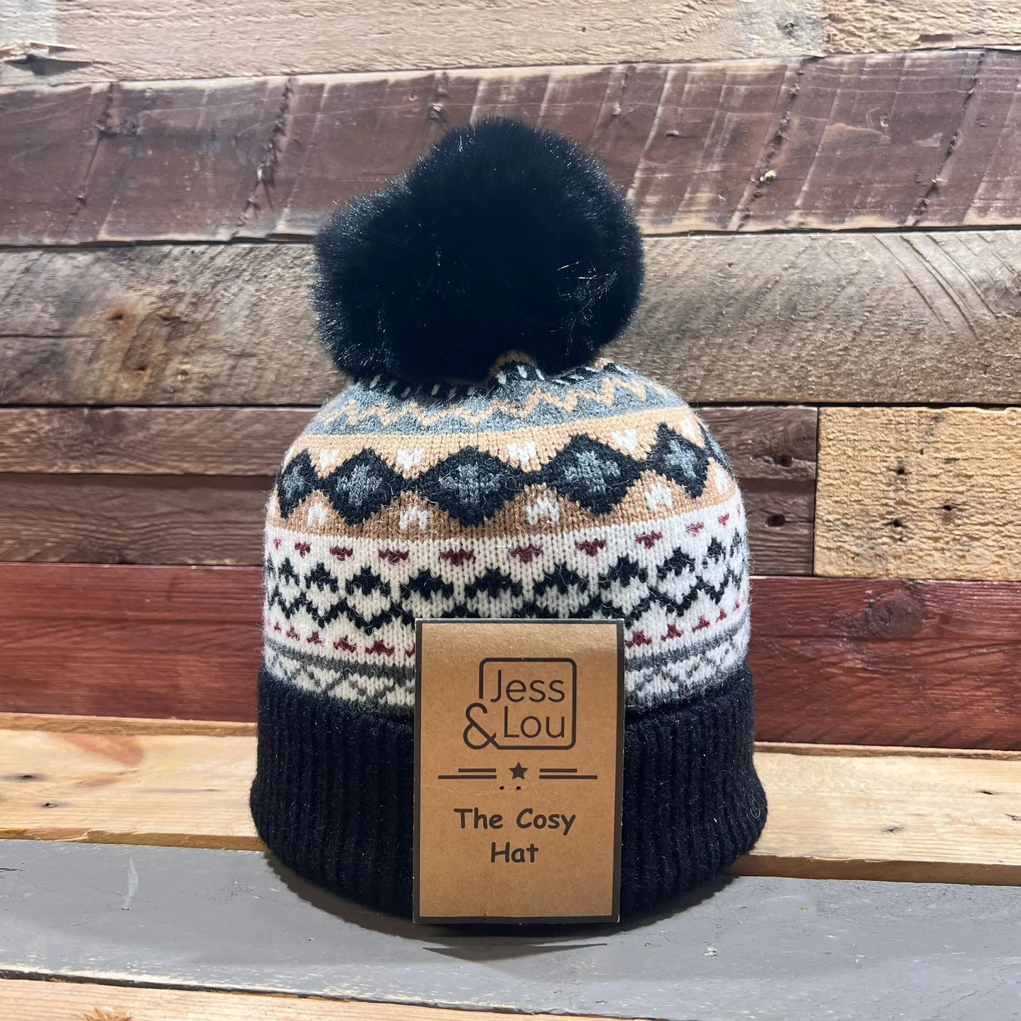 Jess & Lou - Black Nordic Cosy Knit Bobble Hat