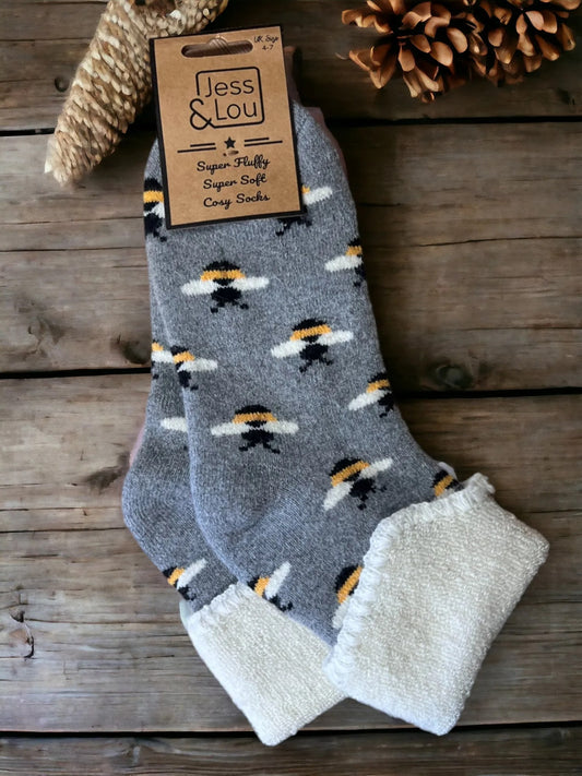 Jess & Lou - Bees Cosy Cuff Socks - Grey