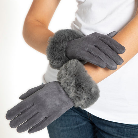 Miss Sparrow - Faux Suede & Fur Charcoal Gloves