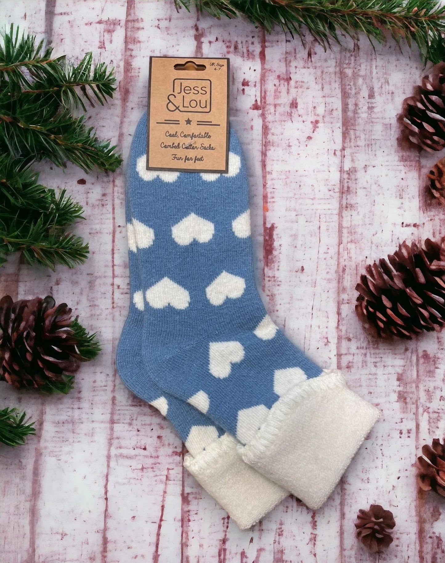 Jess & Lou - Cornflower Blue Love Heart Cosy Cuff Socks